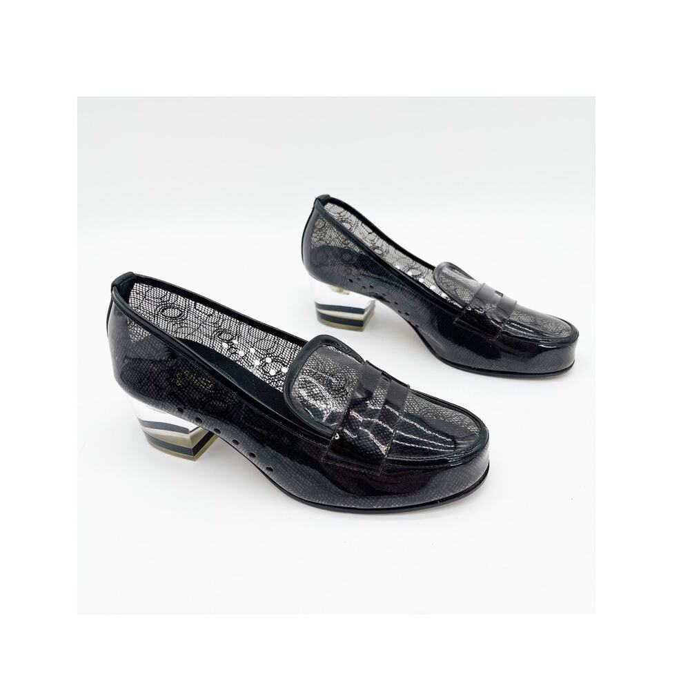 Chanel Black PVC Lace Print Transparent Sheer Block Heel Loafers Pumps EU 36.5C